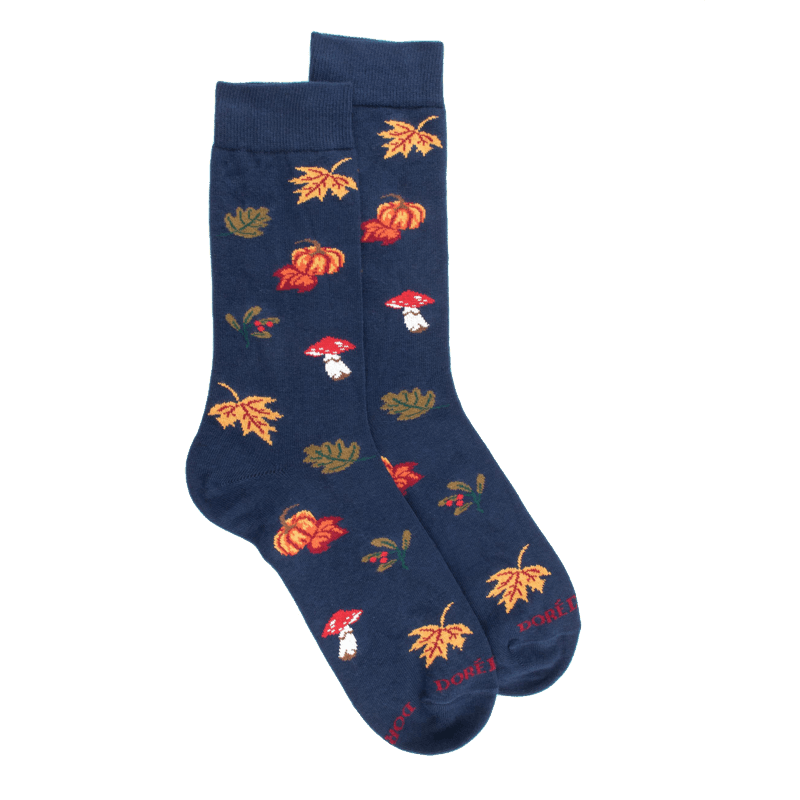 doré doré Chaussettes en coton pour hommes avec motifs de citrouille de champignons et de feuilles - Bleu Voilier