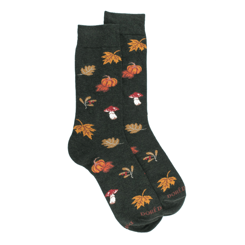 doré doré Chaussettes en coton pour hommes avec motifs de citrouille de champignons et de feuilles - Vert thym