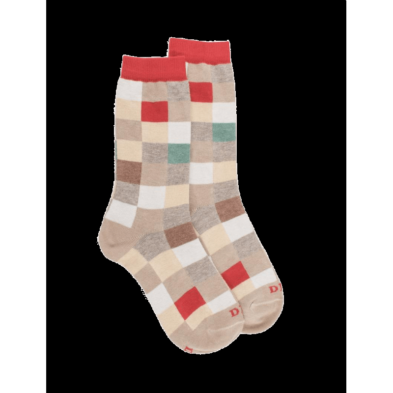 doré doré Chaussettes enfant échiquier en coton - Beige Grège & Rouge Ponceau