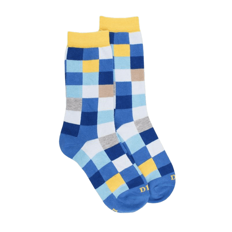 doré doré Chaussettes enfant échiquier en coton - Bleu Bassin & Jaune Papaye