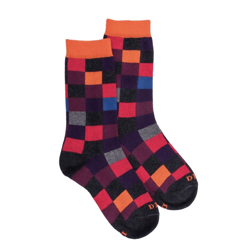 doré doré Chaussettes enfant échiquier en coton - Gris anthracite & Orange souci