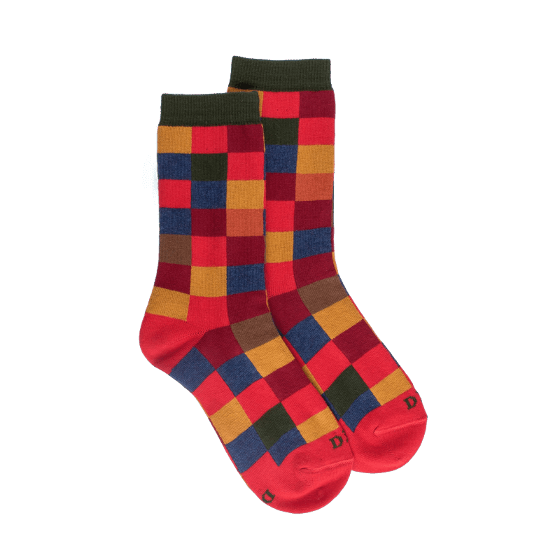 doré doré Chaussettes enfant échiquier en coton - Rouge Ponceau & Vert thé