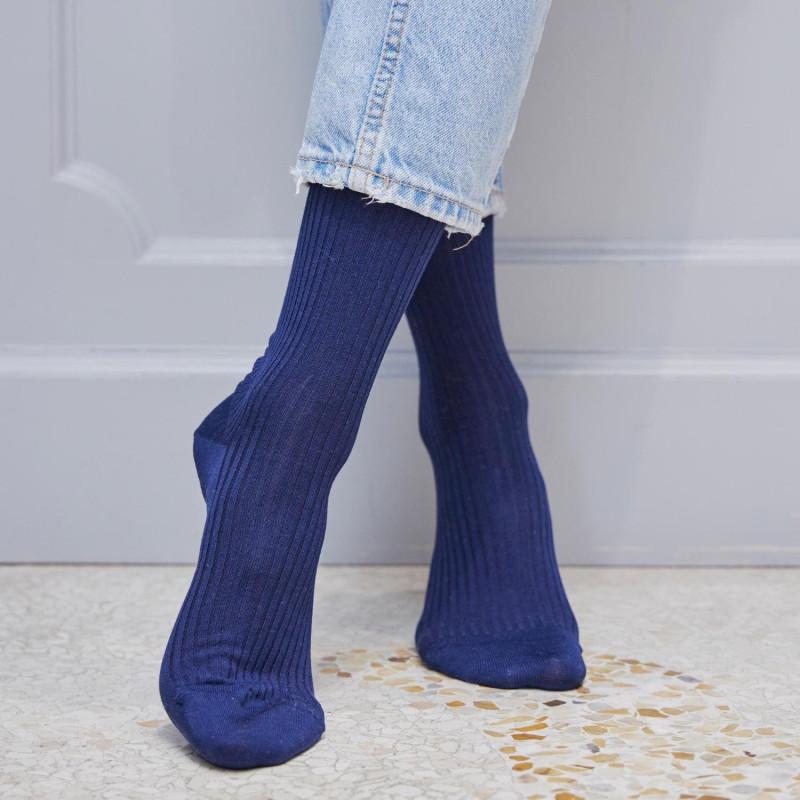 Doré Doré Chaussettes Femme à Côtes En Fil D'Écosse - Bleu Matelot