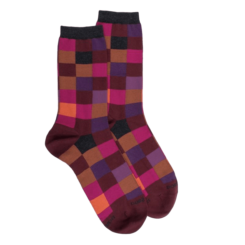 doré doré Chaussettes femme échiqiuer en coton égyptien - Aubergine & Gris anthracite