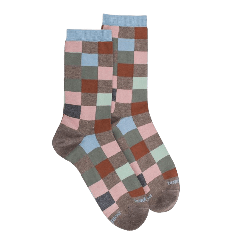 doré doré Chaussettes femme échiqiuer en coton égyptien - Blanc Grive & Gris connemara