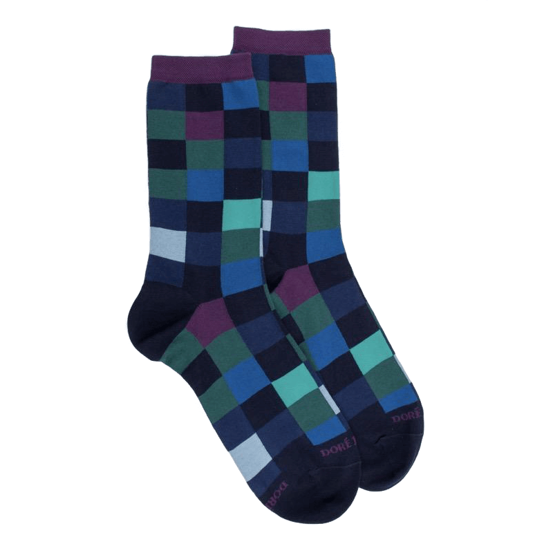 doré doré Chaussettes femme échiqiuer en coton égyptien - Bleu Matelot & Quetsche