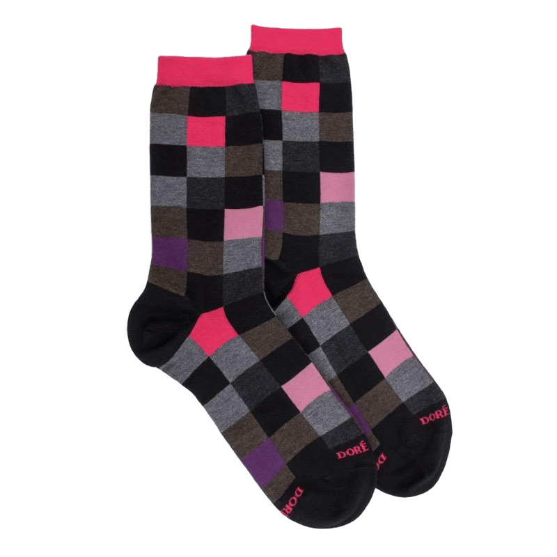 doré doré Chaussettes femme échiqiuer en coton égyptien - Noir & rouge cerise