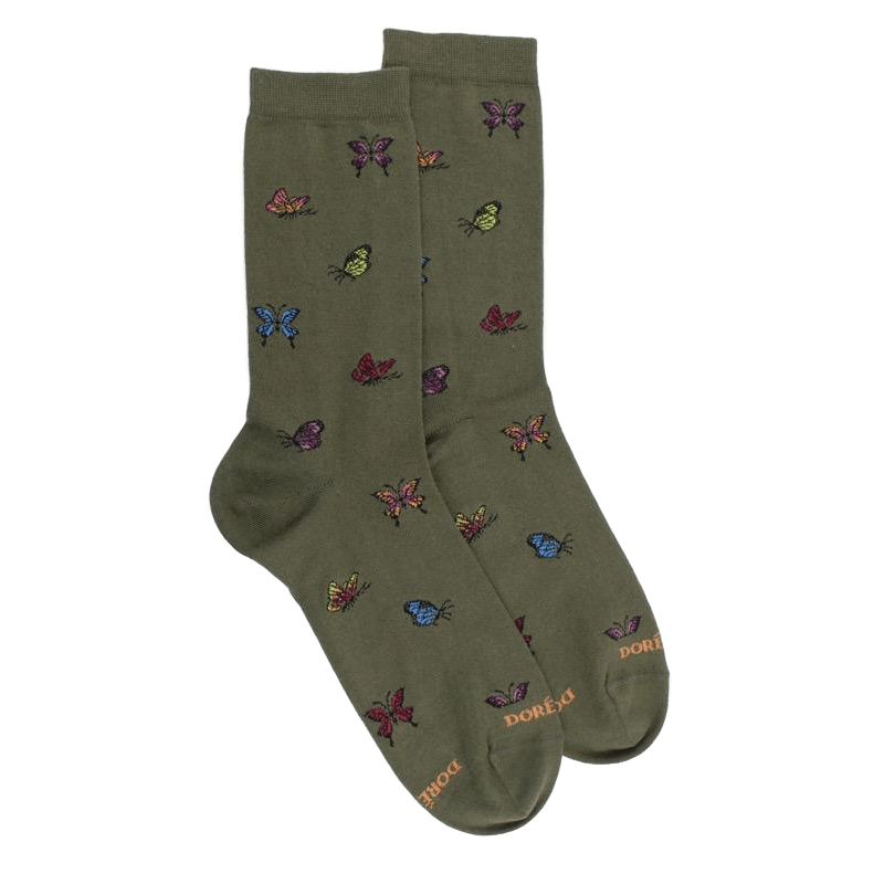 doré doré Chaussettes femme en coton à motif papillon - Vert mélèze