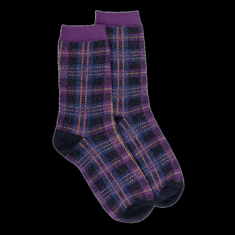 doré doré Chaussettes femme en coton à motif tartan effet brillant - Bleu marine foncé