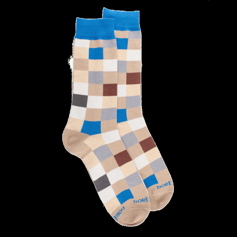 Doré Doré Chaussettes Homme échiquier En Coton - Beige Grège & Bleu