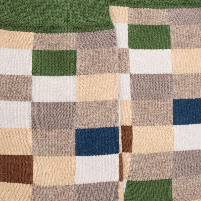 Doré Doré Chaussettes Homme échiquier En Coton - Beige Sahara & Vert Campagne