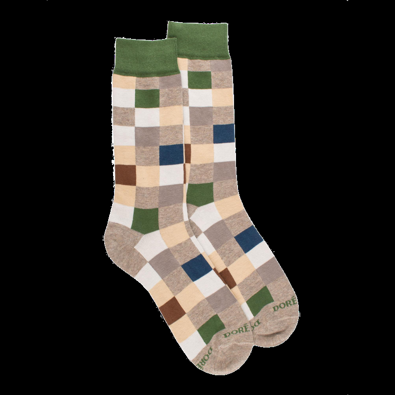 doré doré Chaussettes homme échiquier en coton - Beige Sahara & Vert Campagne