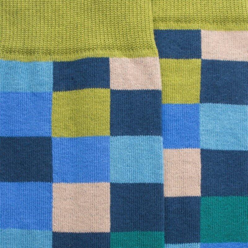 Doré Doré Chaussettes Homme échiquier En Coton - Bleu Croisette & Vert Absinthe