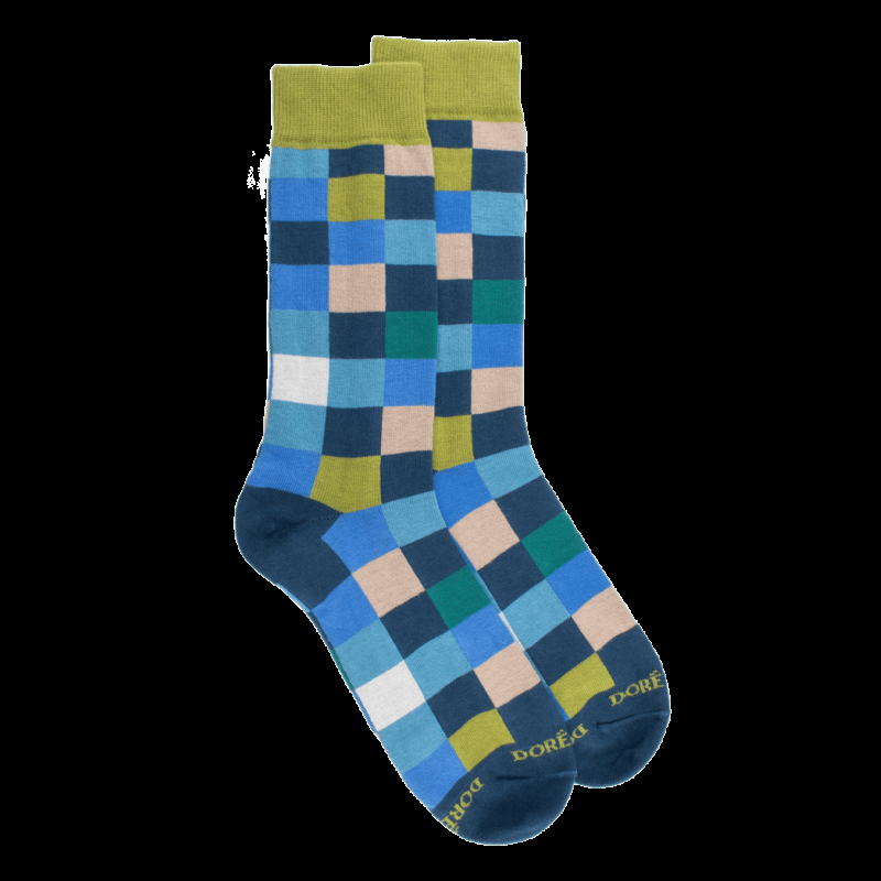 doré doré Chaussettes homme échiquier en coton - Bleu Croisette & Vert Absinthe