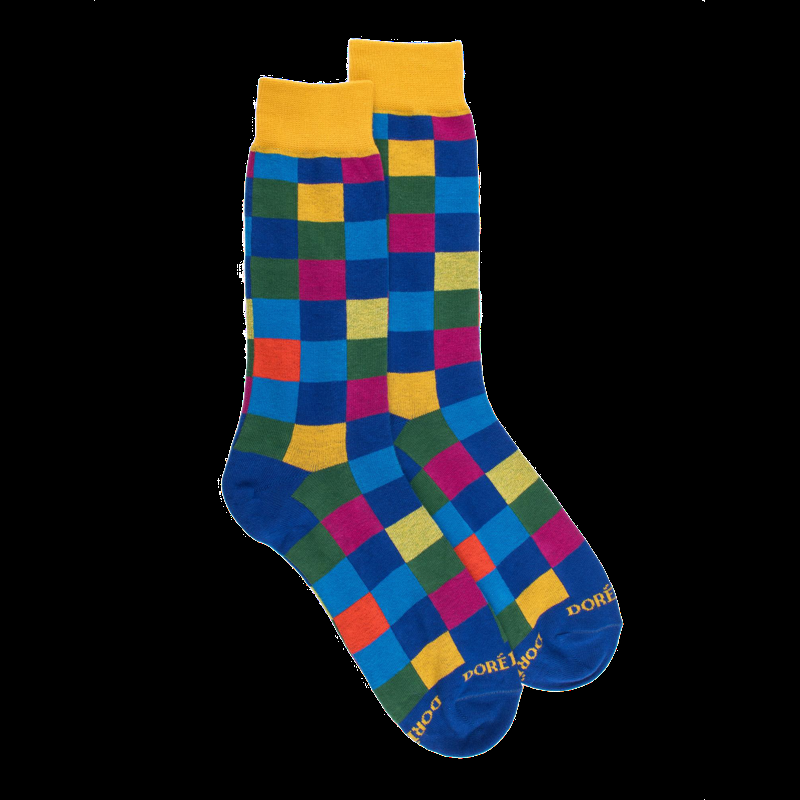 Doré Doré Chaussettes Homme échiquier En Coton - Bleu & Jaune Moutarde