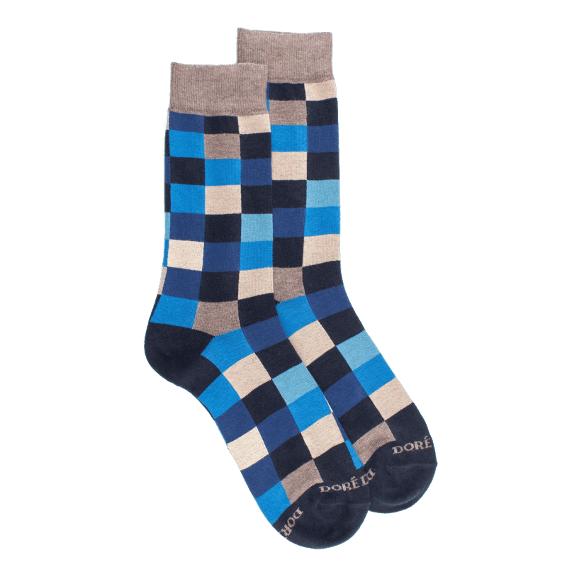 doré doré Chaussettes homme échiquier en coton - Bleu marine foncé