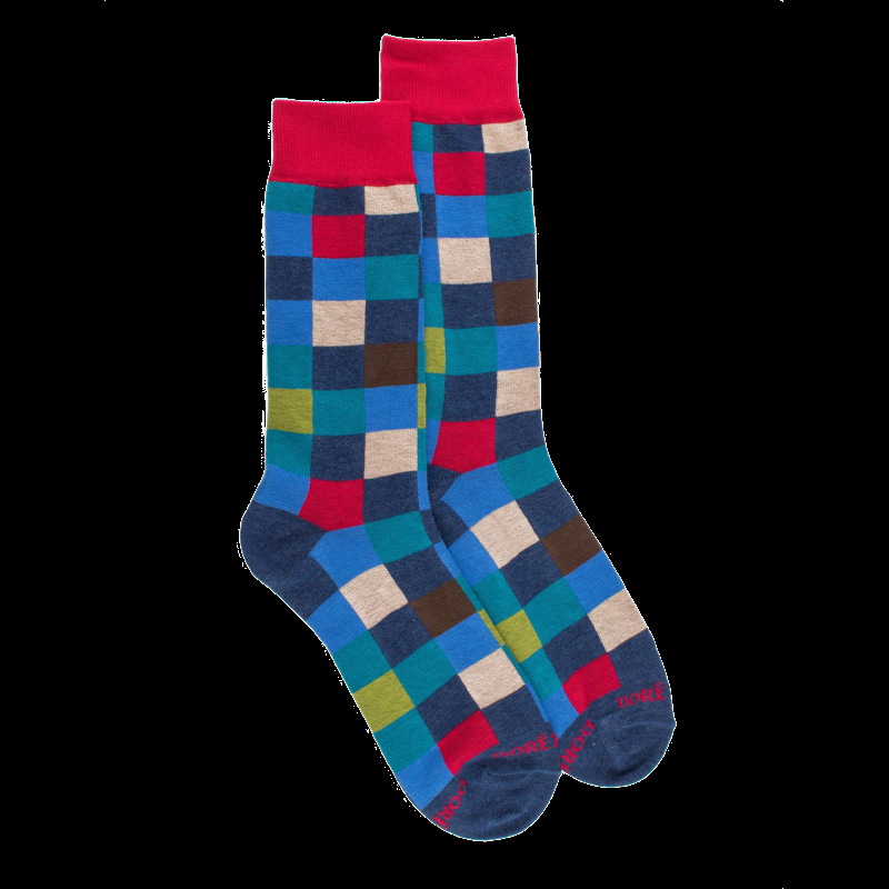 doré doré Chaussettes homme échiquier en coton - Bleu Pêcheur & Rouget