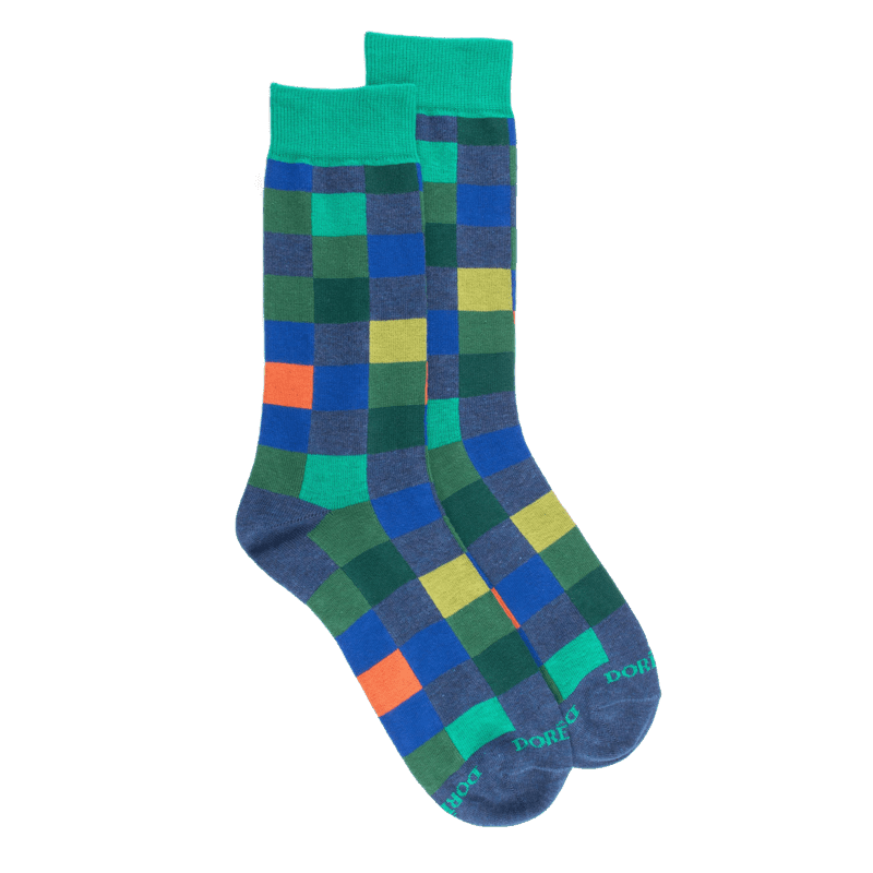 doré doré Chaussettes homme échiquier en coton - Bleu pêcheur