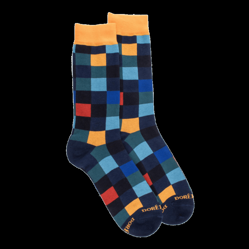 doré doré Chaussettes homme échiquier en coton - Bleu Voilier & Carotte