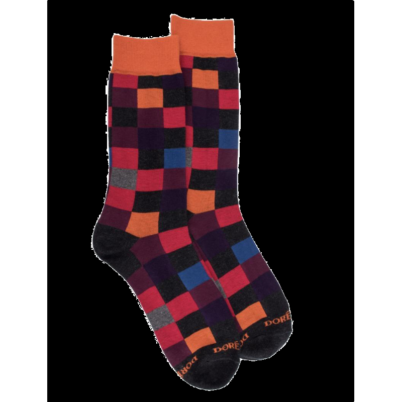 doré doré Chaussettes homme échiquier en coton - Gris anthracite & Orange souci