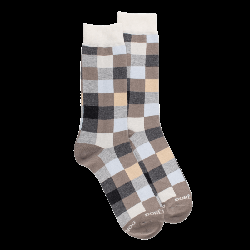 Doré Doré Chaussettes Homme échiquier En Coton - Gris & Écru