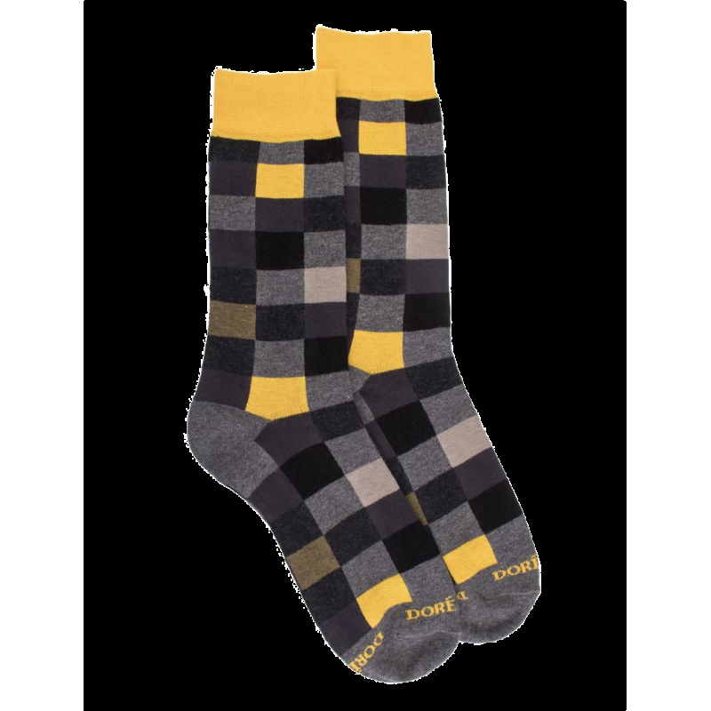 Doré Doré Chaussettes Homme échiquier En Coton - Gris Oxford & Moutarde