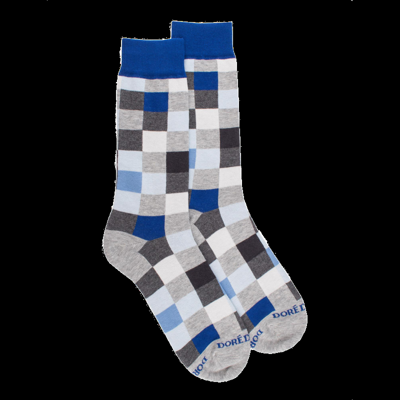 Doré Doré Chaussettes Homme échiquier En Coton - Gris Rocheux & Bleu