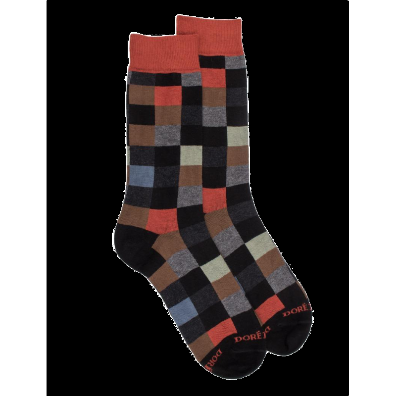 doré doré Chaussettes homme échiquier en coton - Noir & orange cognac
