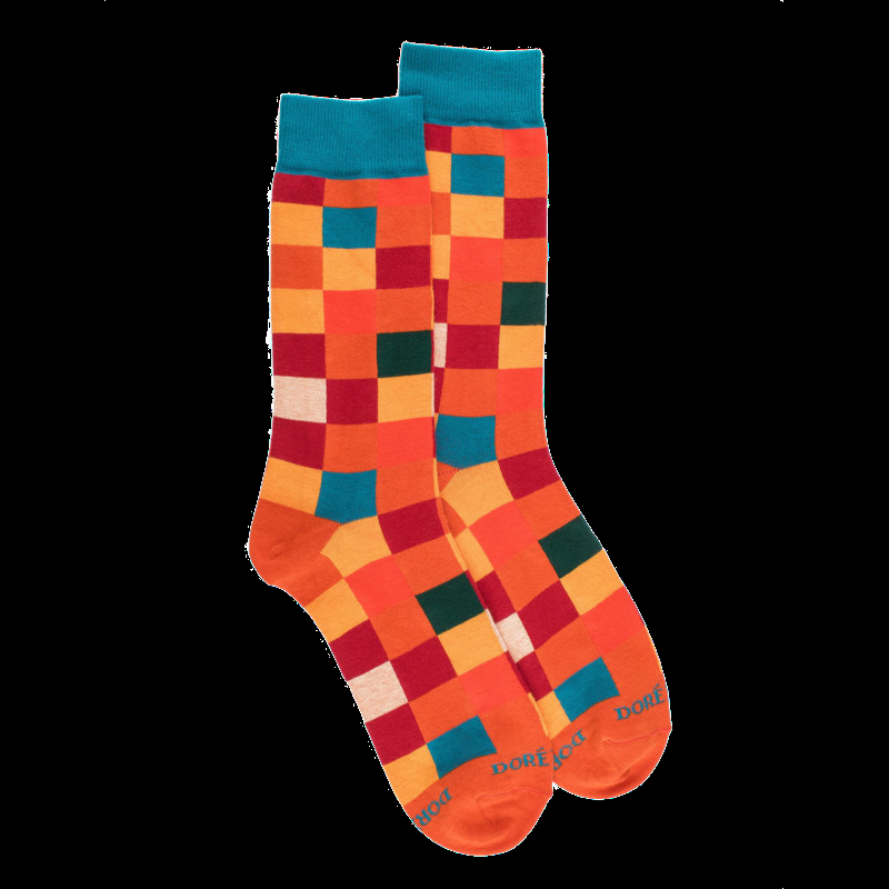 Doré Doré Chaussettes Homme échiquier En Coton - Orange & Bleu