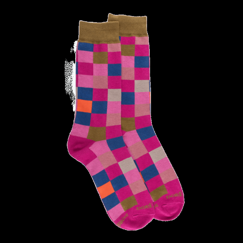 doré doré Chaussettes homme échiquier en coton - Rose Flamboyant & Vert pistache