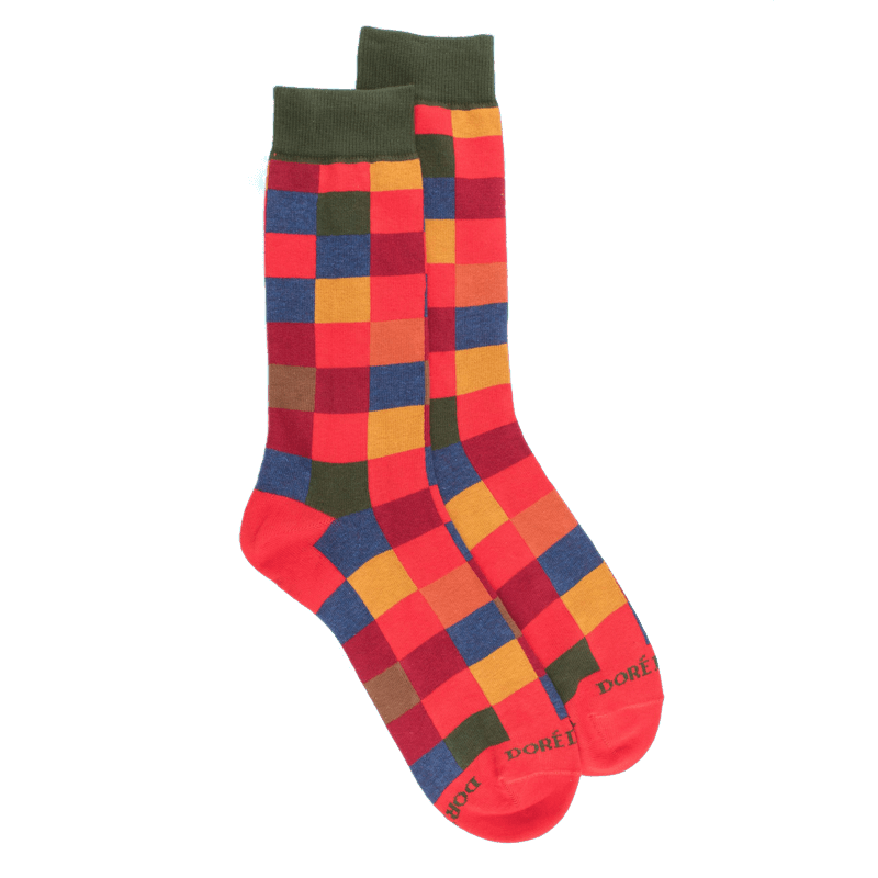 doré doré Chaussettes homme échiquier en coton - Rouge Ponceau & Vert thé