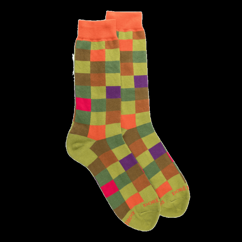 doré doré Chaussettes homme échiquier en coton - Vert Absinthe & Orange