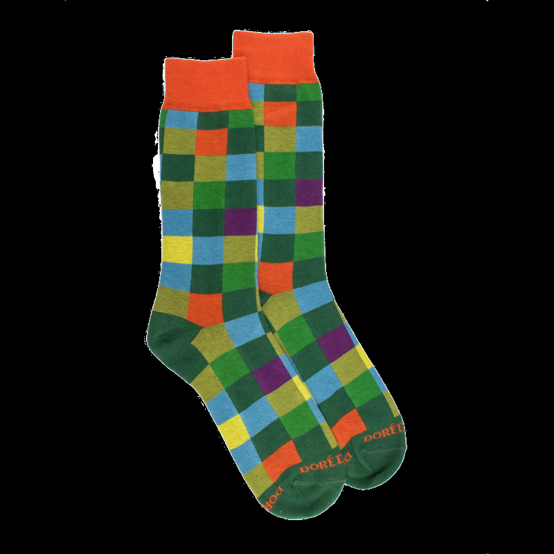 Doré Doré Chaussettes Homme échiquier En Coton - Vert & Orange