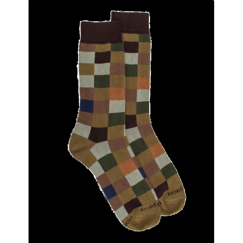 Doré Doré Chaussettes Homme échiquier En Coton - Vert Pistache & Marron Chocolat