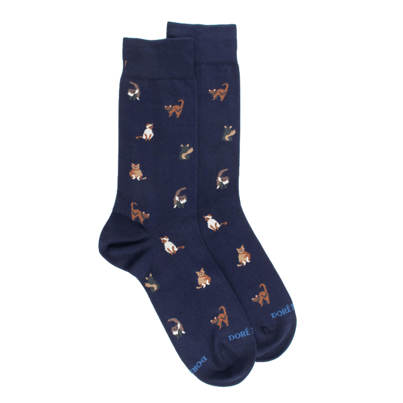 doré doré Chaussettes homme en coton à motif chats - Bleu Matelot
