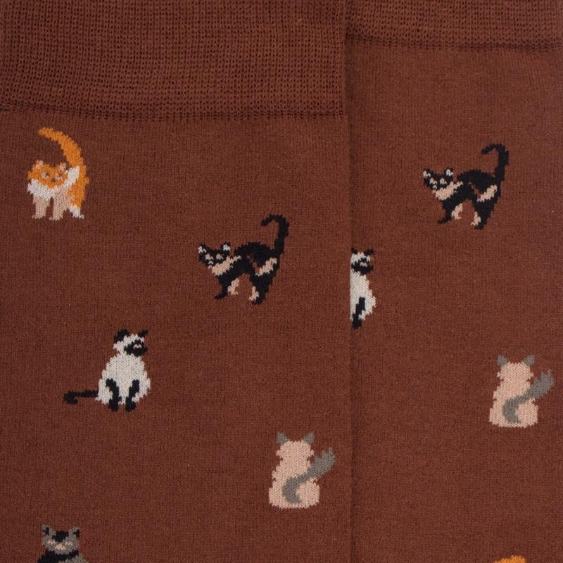 Doré Doré Chaussettes Homme En Coton à Motif Chats - Marron Cacao