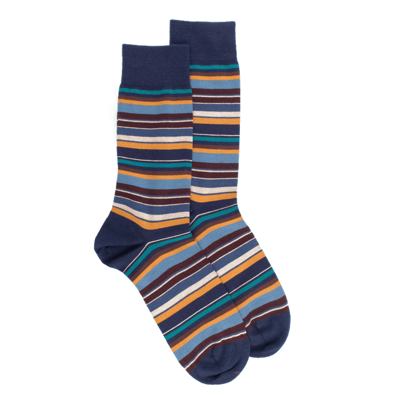doré doré Chaussettes homme en coton à rayures fines multicolores - Bleu Caban & Vert verger