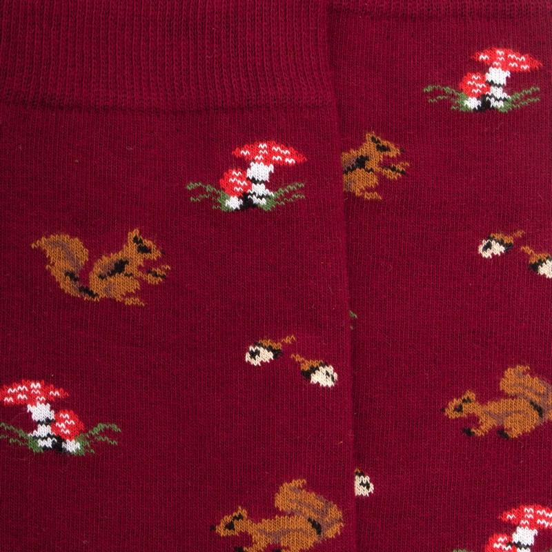 Doré Doré Chaussettes Homme En Coton Avec Motif D'écureuil Et De Champignons - Rouge Amarante