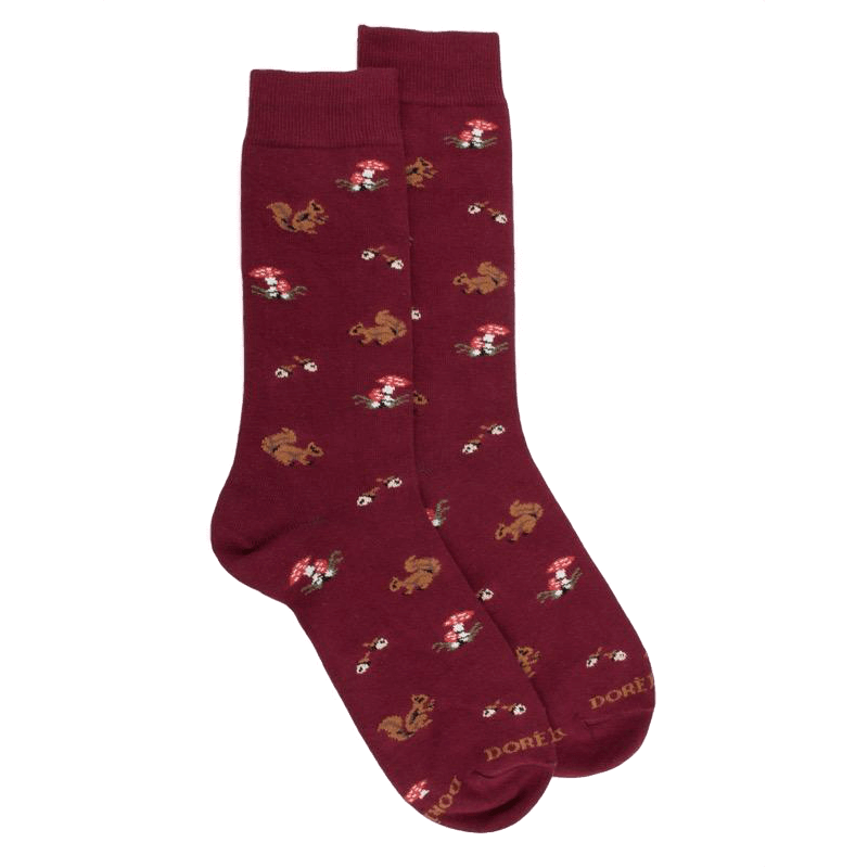 doré doré Chaussettes homme en coton avec motif d'écureuil et de champignons - Rouge amarante