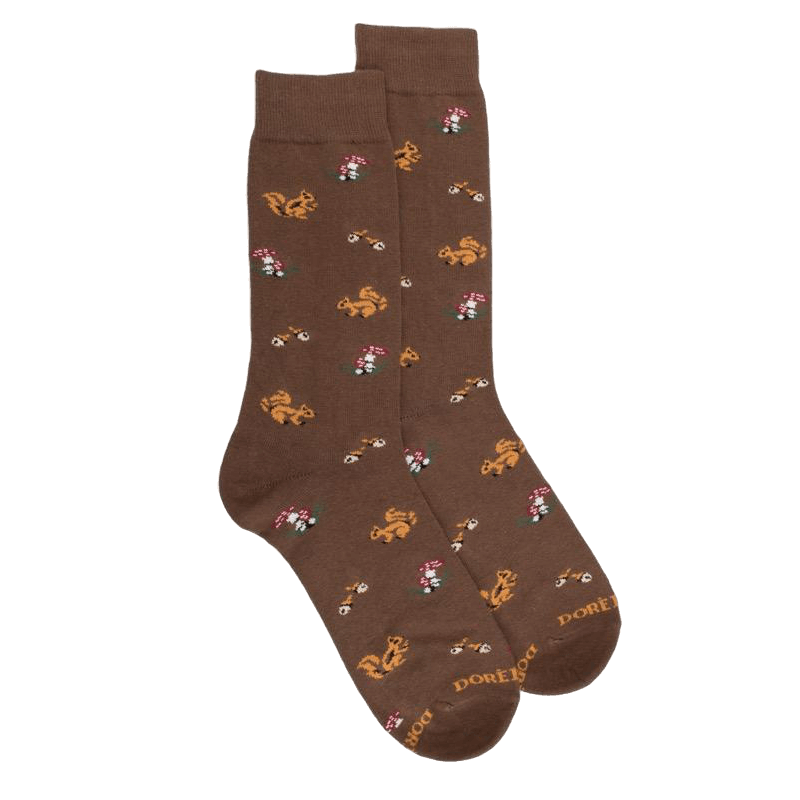 doré doré Chaussettes homme en coton avec motif d'écureuil et de champignons - Terre