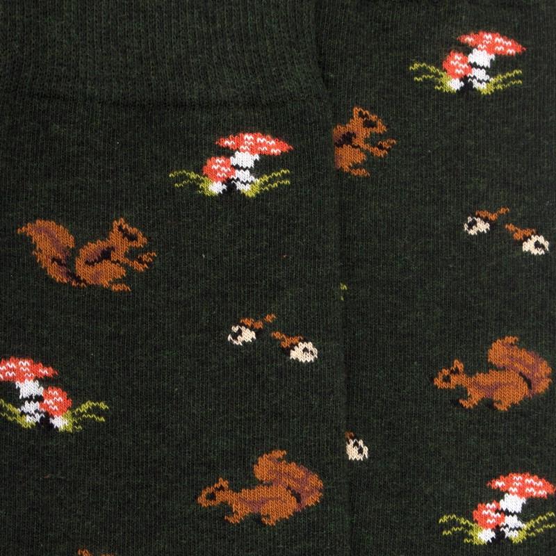 Doré Doré Chaussettes Homme En Coton Avec Motif D'écureuil Et De Champignons - Vert Thym