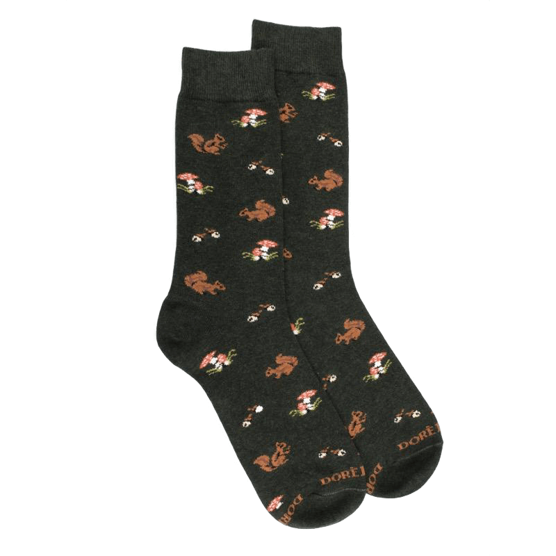 doré doré Chaussettes homme en coton avec motif d'écureuil et de champignons - Vert thym