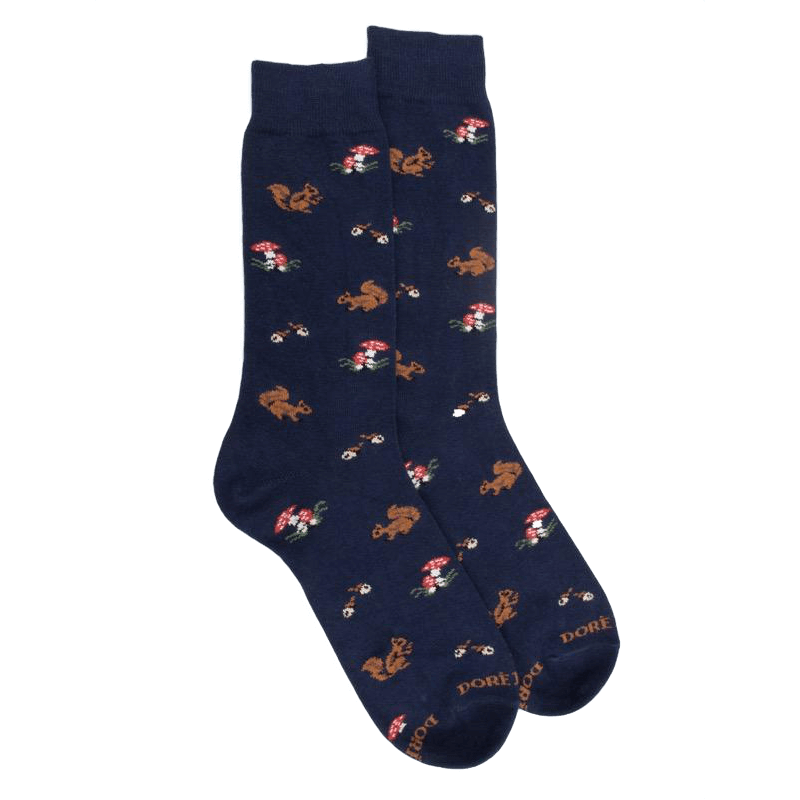 doré doré Chaussettes homme en coton avec motif d'écureuil et de champignons - Bleu Voilier