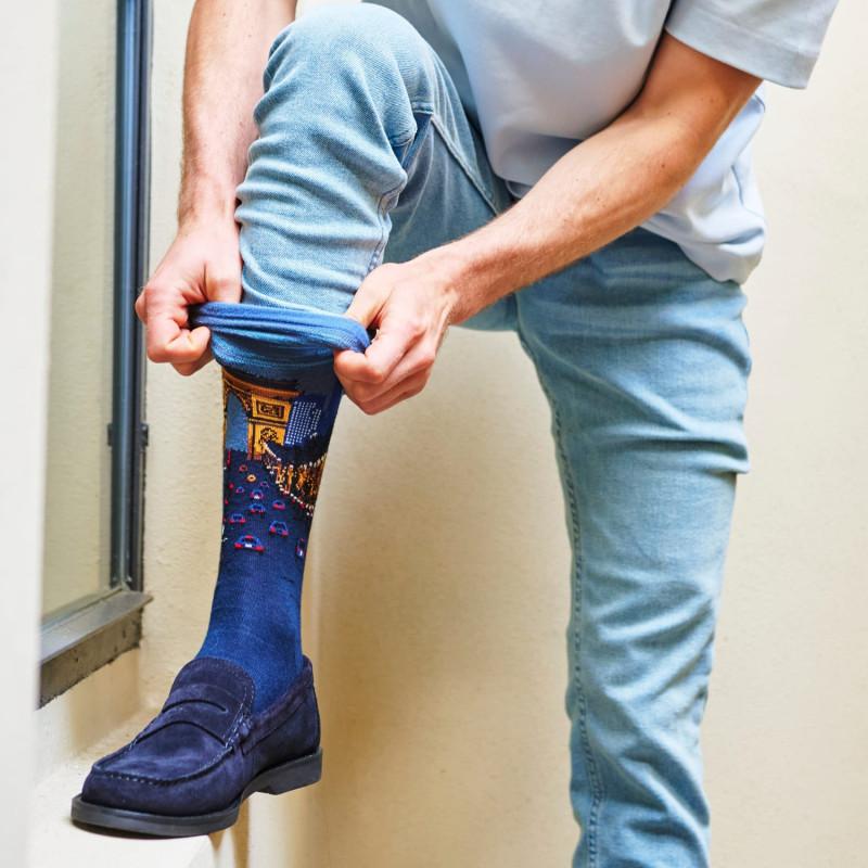 Doré Doré Chaussettes Homme En Coton Avec Vue Des Champs Elysées à Paris - Bleu Marine Foncé