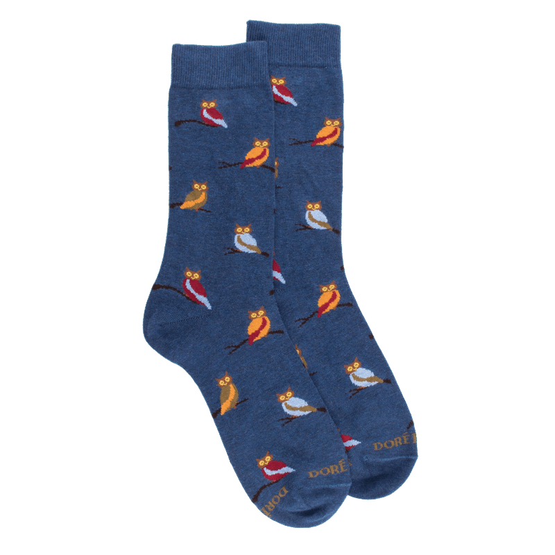 doré doré Chaussettes homme en coton motif hibou - Bleu pêcheur & Bleu Macadam