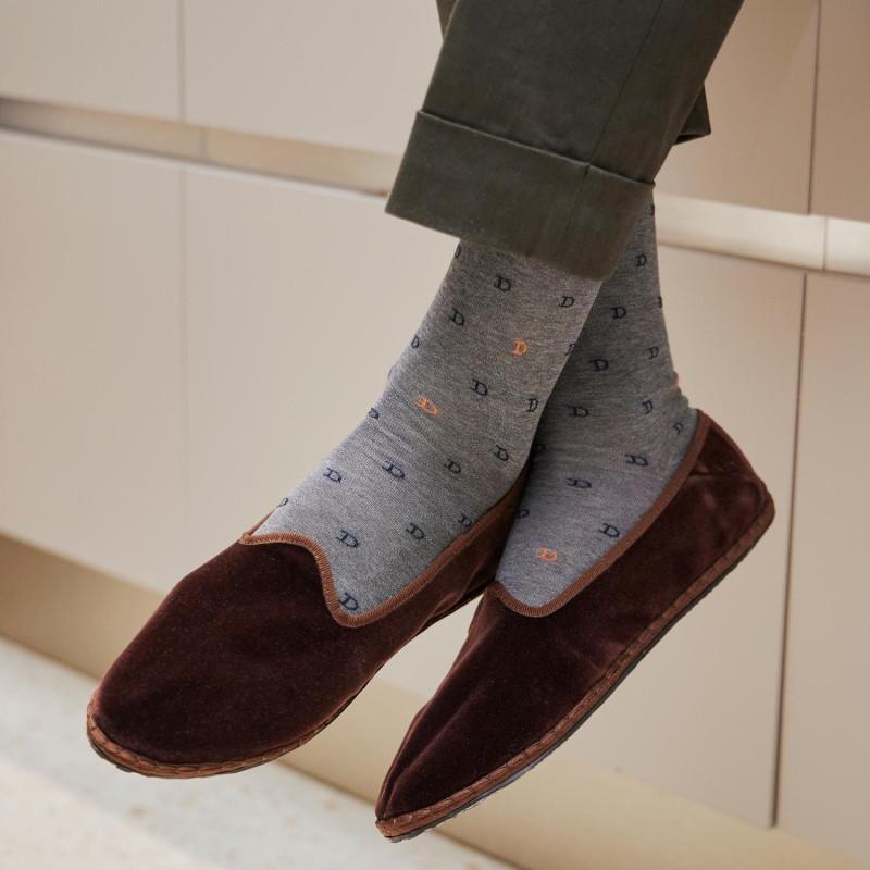 Doré Doré Chaussettes Homme En Fil D'Écosse à Motifs DD - Gris Bourrasque & Abricot