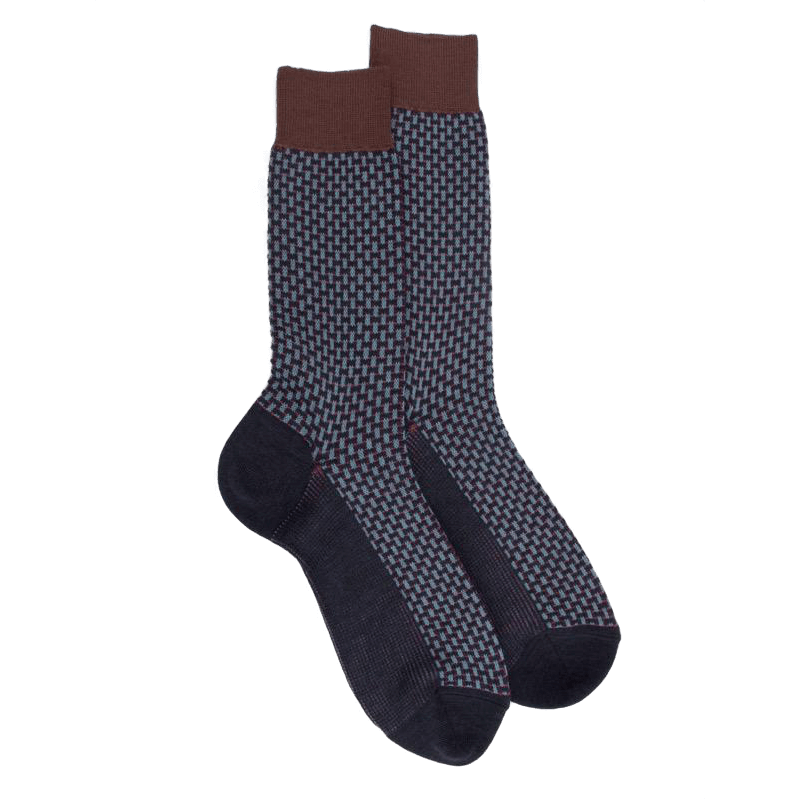 doré doré Chaussettes homme en laine à motif à trois couleurs - Bleu corsaire & cacao