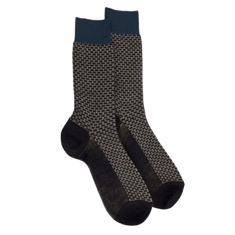 doré doré Chaussettes homme en laine à motif à trois couleurs - Gris anthracite & Bleu marsouin