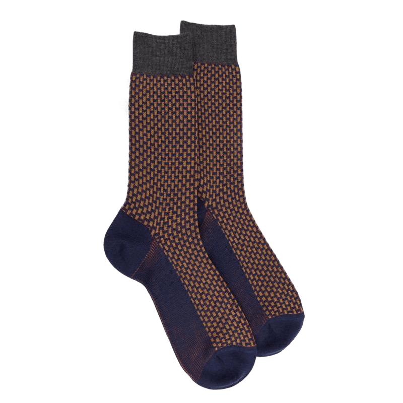 doré doré Chaussettes homme en laine à motif à trois couleurs - Bleu caban & gris étain