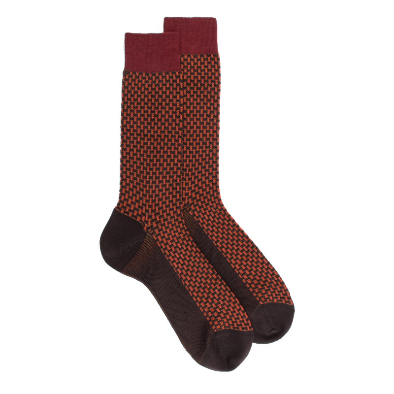 doré doré Chaussettes homme en laine à motif à trois couleurs - Marron Chocolat & Rouge pommard